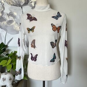 Sheer Butterfly‎ Mesh Mock Neck Top Long Sleeve Y2K Fairy Layering Tee Size L
